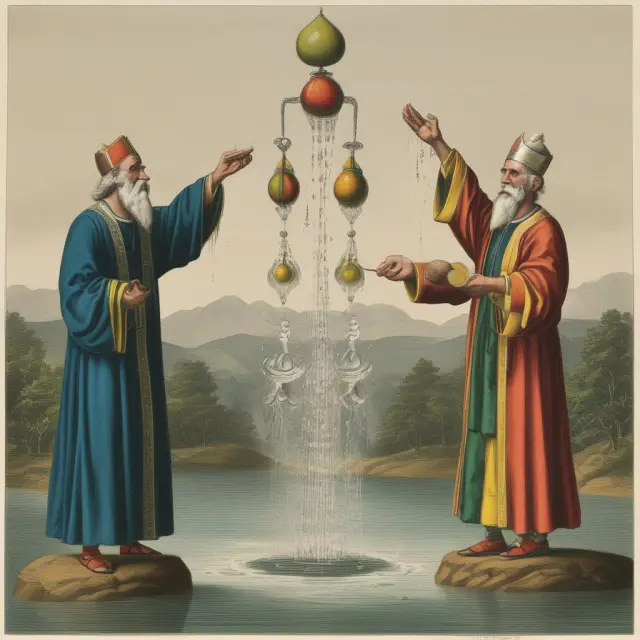 Metaphorical depiction of riparian and prior appropriation water rights in balance: jugglers representing stakeholders maintain the rights while a judge ensures fair distribution