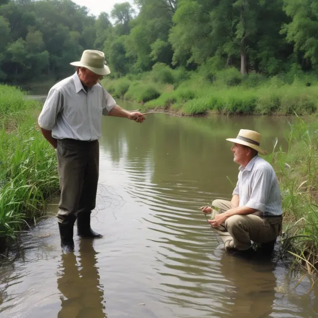 Negotiation scene with a senior riparian user and a junior farmer discussing water rights at a riverbank
