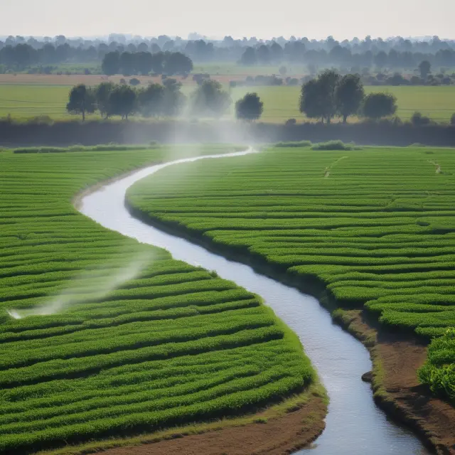 A dancer balancing on a tightrope, water flowing beneath, symbolizing the balance between agriculture, irrigation, and sustainable water use in different regions.