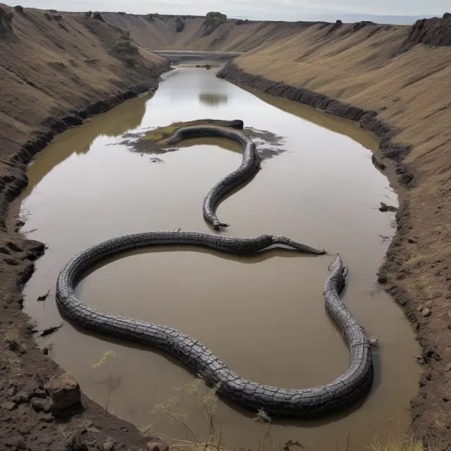 A water serpent in a mining basin negotiates access with landowners, symbolizing the complex process of obtaining water rights for mining operations
