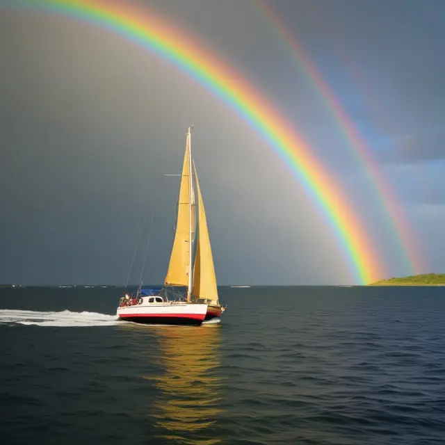 A colorful rainbow protecting a sailing boat symbolizing all-encompassing boat insurance coverage