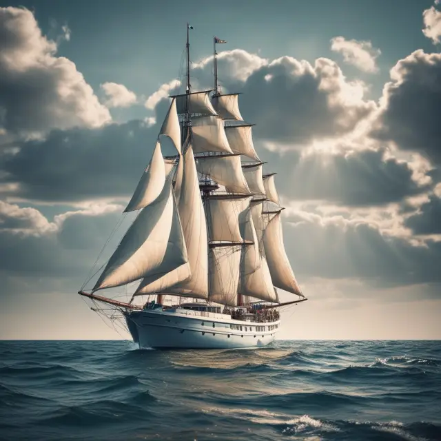 A beautiful yacht sailing through an ocean of various insurance policies with sails made of contracts, signifying a yacht owner
