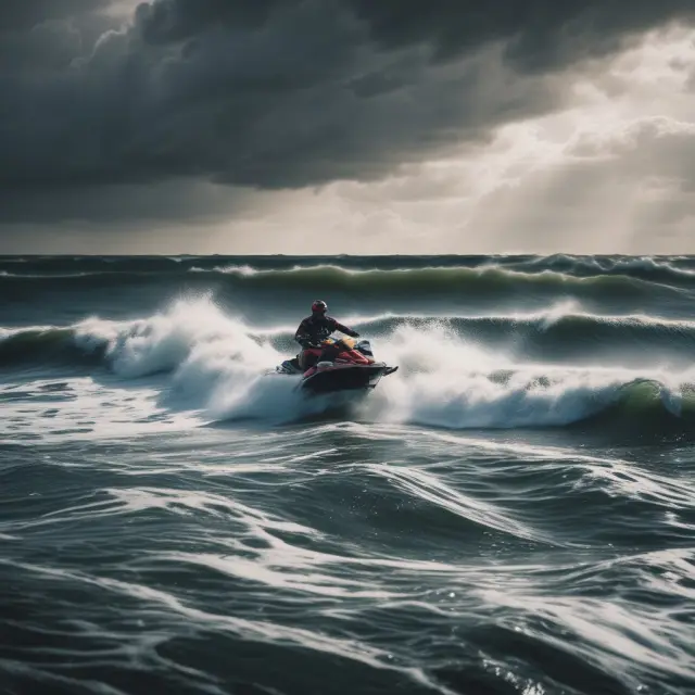 A jet ski navigating through stormy waters, emphasizing the importance of personal watercraft insurance for managing risks