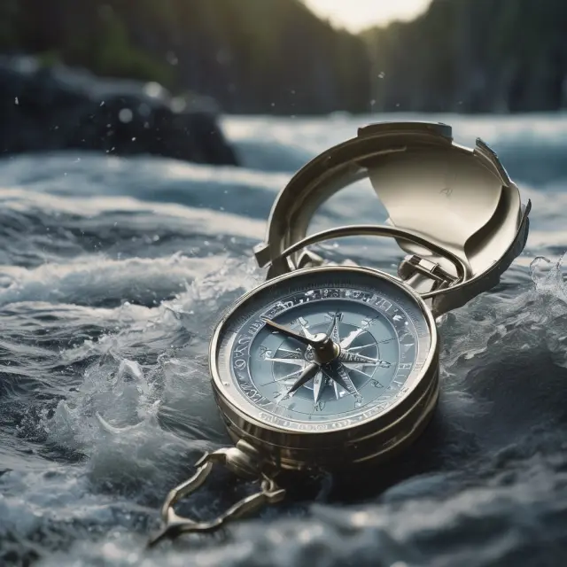 A compass sailing through turbulent waters, symbolizing the process of choosing a watercraft insurance provider, with customizable coverage options guiding its journey towards peace of mind.
