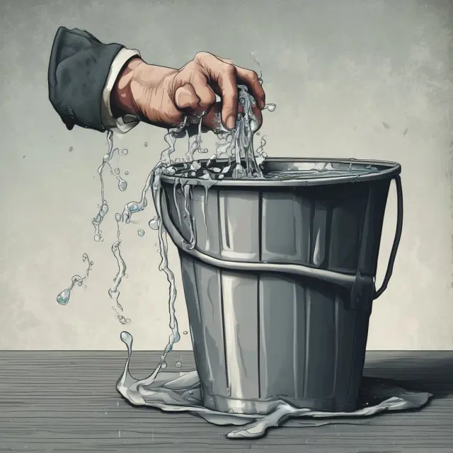 An artistically leaking bucket pouring over-valued stocks into the hands of an investor and a creditor, illustrating watered stock manipulation.