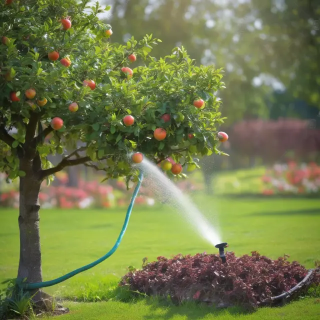 An orchard with a garden hose watering an apple tree, symbolizing the fraudulent practice of issuing Watered Stock