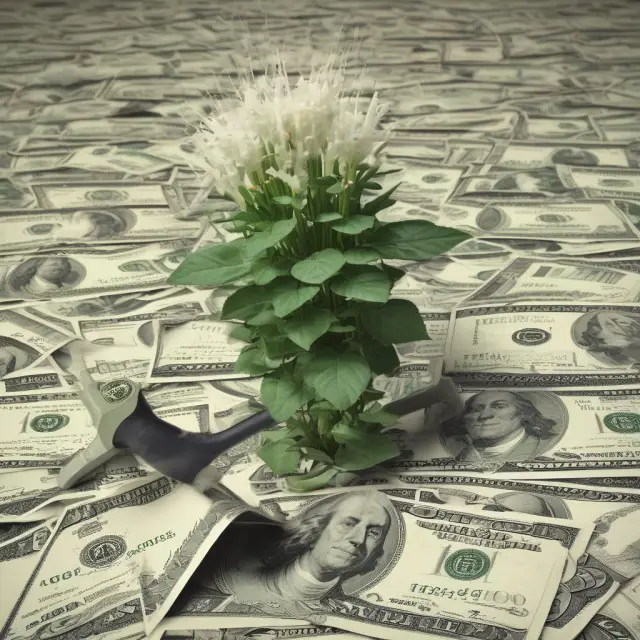 An image depicting watering fields filled with stock certificates, alluding to the historical fraud of watered stock.