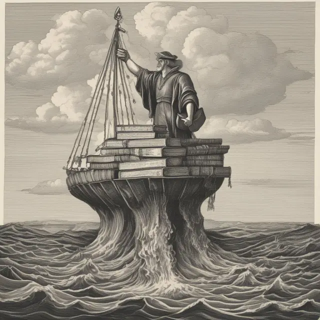 Daniel Drew stands tall on a sinking ship of watered stocks, holding lawbooks and scales, symbolizing the legal consequences for fraudulent practices