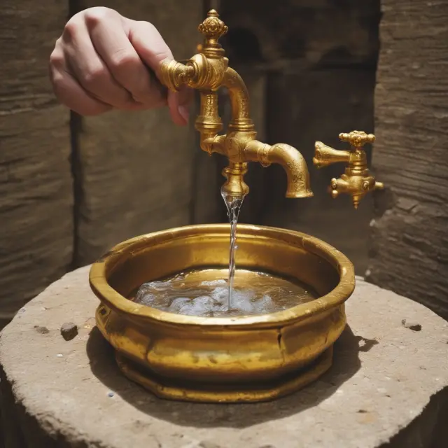 An ancient tap pours deceptive water into golden investment vessels, symbolizing the historical fraud of watered stock