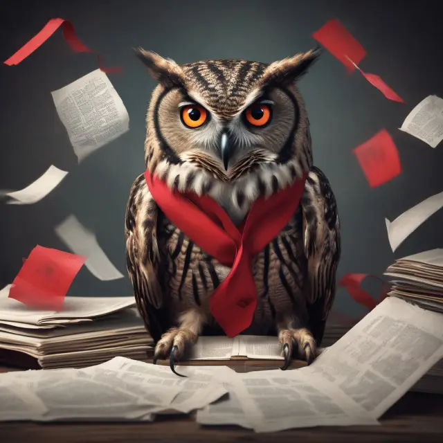 An owl scrutinizes financial statements, highlighting red flags representing potential warning signs for investors.