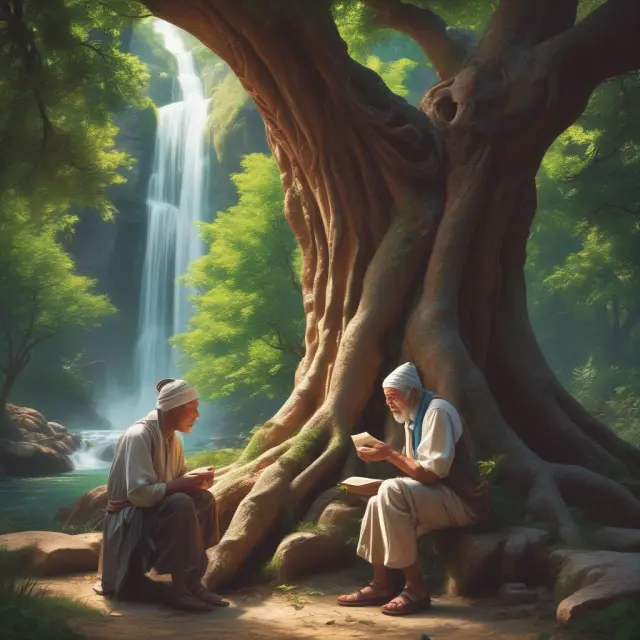 Grandparent and grandchild sharing knowledge under a tree with a waterfall cascading down, representing tax-efficient wealth transfer
