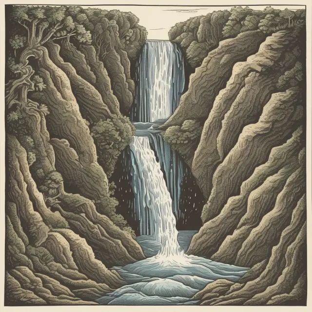 A waterfall cascading through different life stages with two unexpected rocks - one for premature death and another for policy lapses.