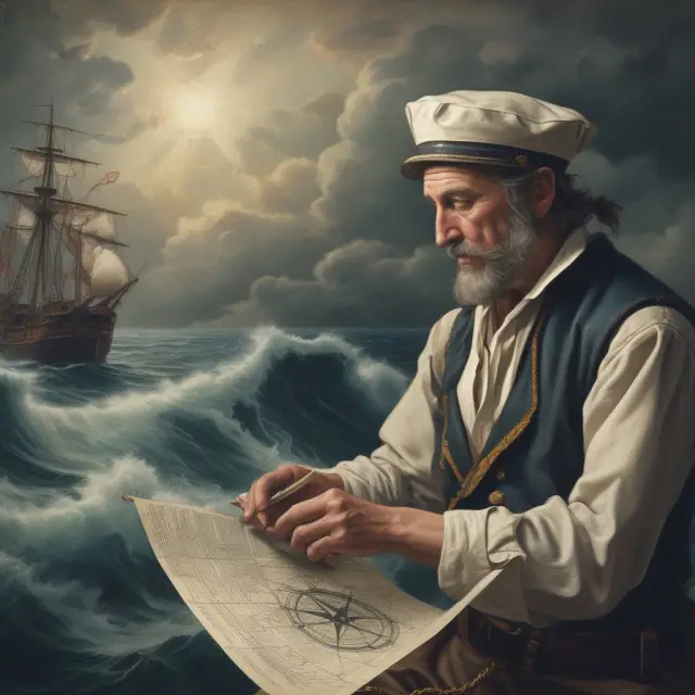 Trustworthy sailor navigating turbulent seas with a compass and map, ensuring safe implementation of waterfall concept for intergenerational wealth transfer.