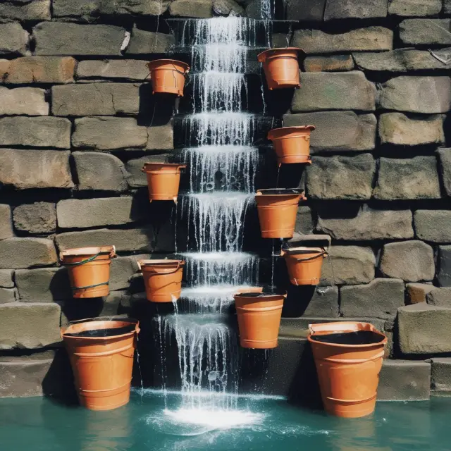 Waterfall cascading into sequential buckets: Buckets symbolize creditors, water represents repayments. Each bucket fills up only when the previous one is empty.
