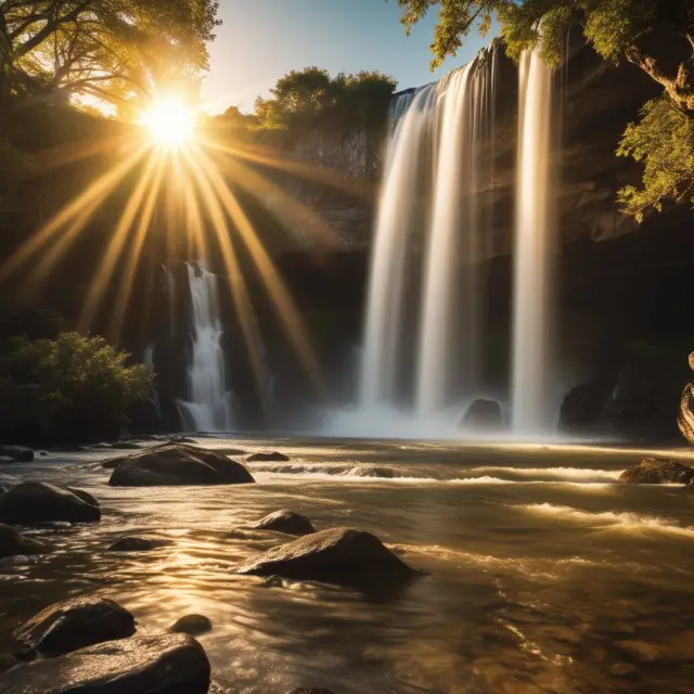Golden sun shining over a cascading waterfall, symbolizing secure and fast repayments to senior creditors