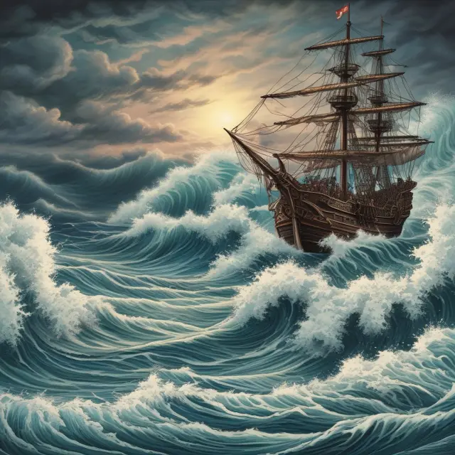 A calm sea disrupted by towering waves representing higher-tiered debts, causing prolonged waits for lower-tiered creditors