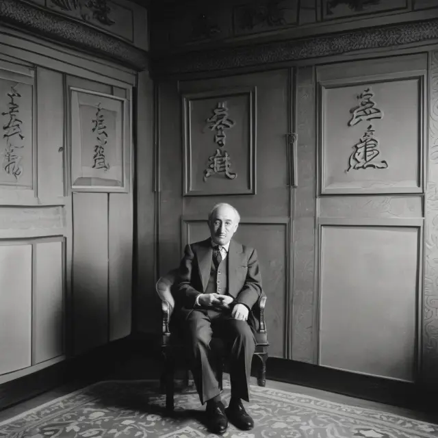 John Searle contemplating inside the Chinese Room, symbolizing weak AI