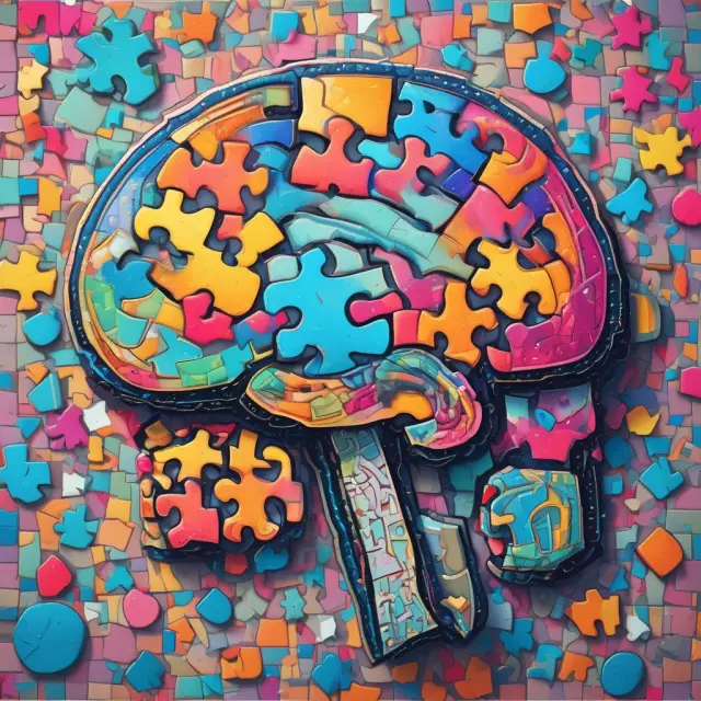 Digital brain mosaic with puzzle pieces representing weak AI applications in social media, e-commerce, and customer service