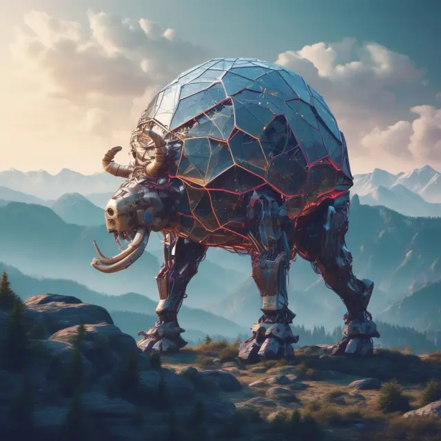 An image of weak AI sifting through a mountain of data with various investment-related symbols emerging from the pile