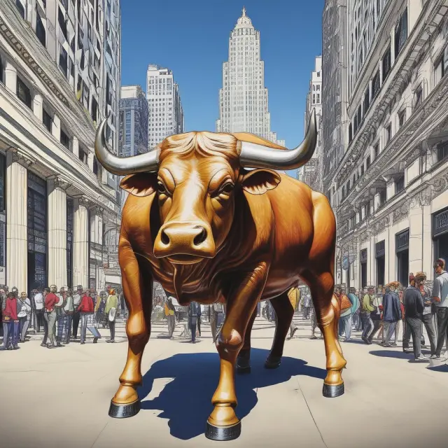 A golden bull representing Goldman Sachs, skillfully analyzing financial data with the assistance of Marquee