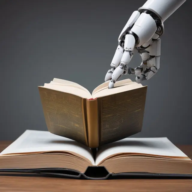 A robot hand holds a book with pages turned to