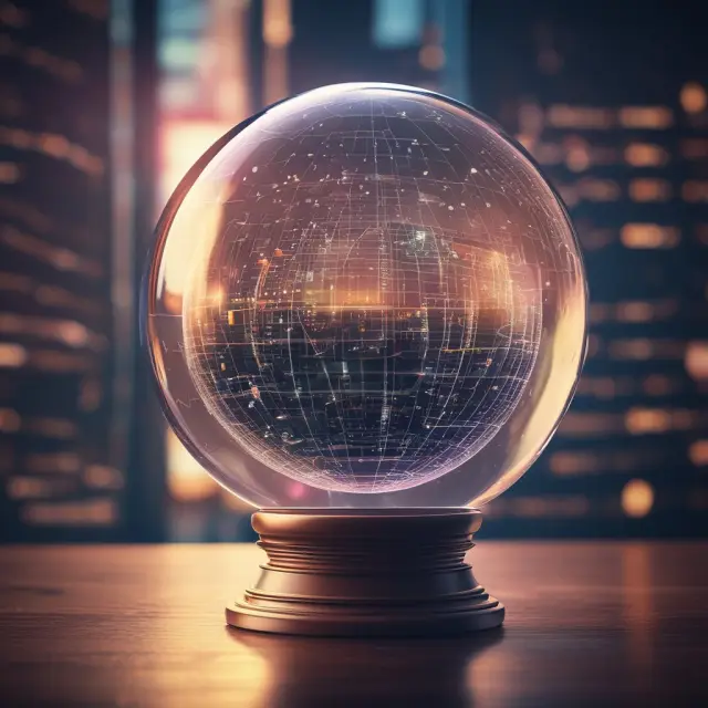 Crystal ball filled with data streams symbolizing future AI advancements in finance