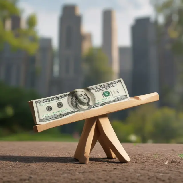 Image of a seesaw with a US dollar on one side and an adjustable interest rate lever on the other, symbolizing the Federal Reserve