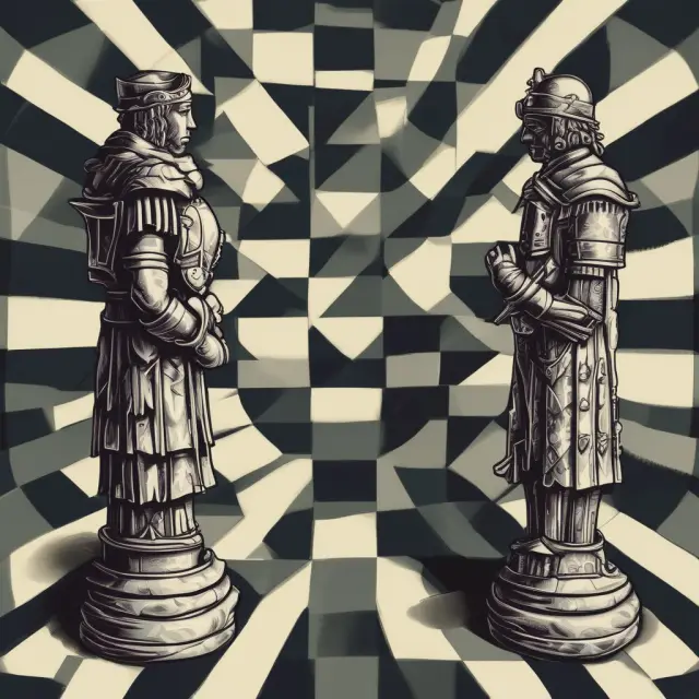 Two knights on a chessboard symbolizing opposing views of weak and strong dollar policies, depicting the global currency war debate.