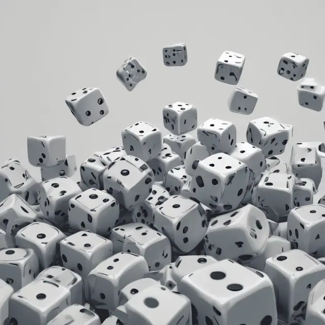 Six dice representing stock prices, reflecting randomness and no correlation with past data in weak form efficiency.