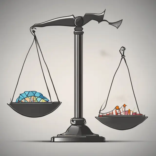 A balanced scale representing fundamental and technical analysis, with random arrows symbolizing weak form efficiency influencing the balance.