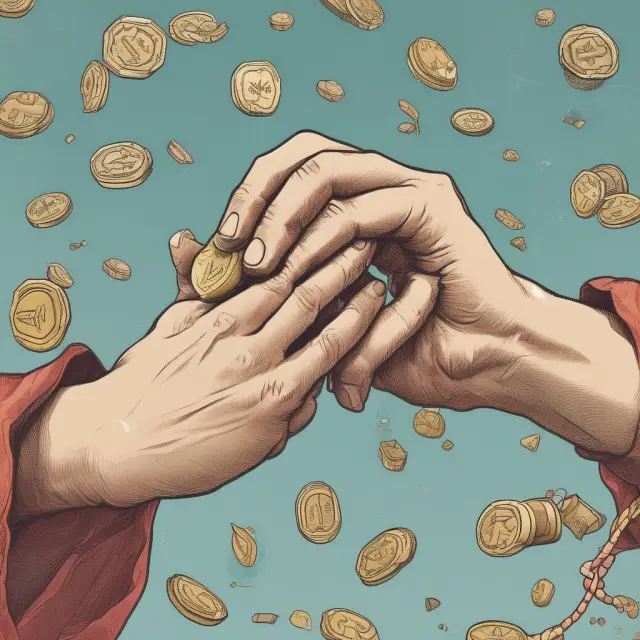 An image of weak hands scattering coins in the wind contrasted by strong hands holding onto precious gems, representing differing approaches to financial risk and stability
