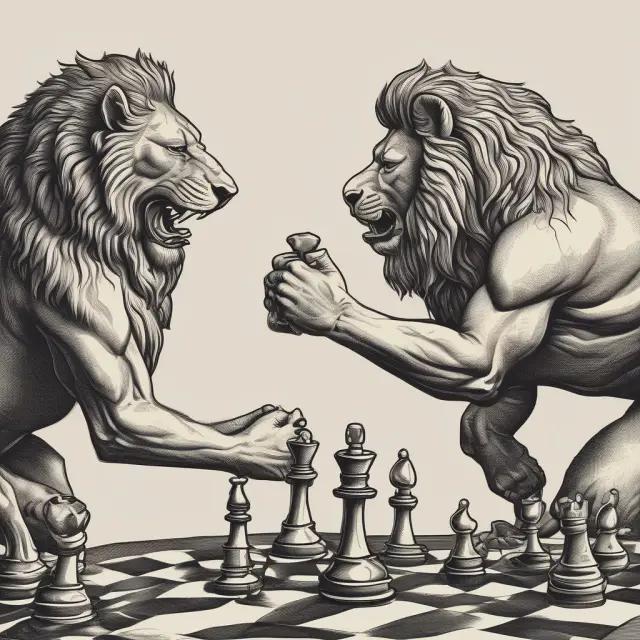 A human and a lion playing a game of chess: the human, representing weak hands, faces off against a roaring lion, symbolizing strong hands.