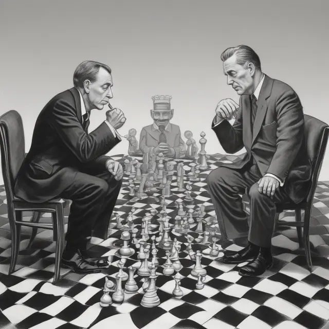 An image of long-term investors studying a chessboard with weak longs making moves, representing the dynamics between investors in the stock market