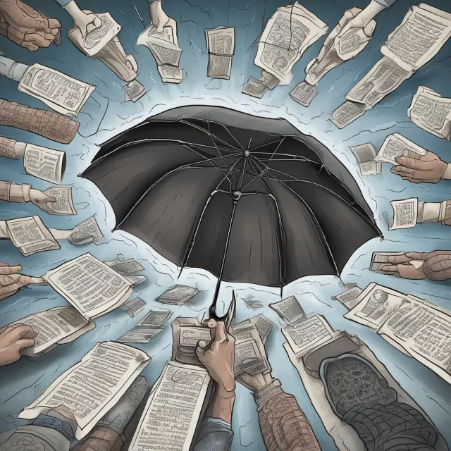An investor standing tall amidst a tempest, protected by a shield bearing stocks, charts, and insider signals