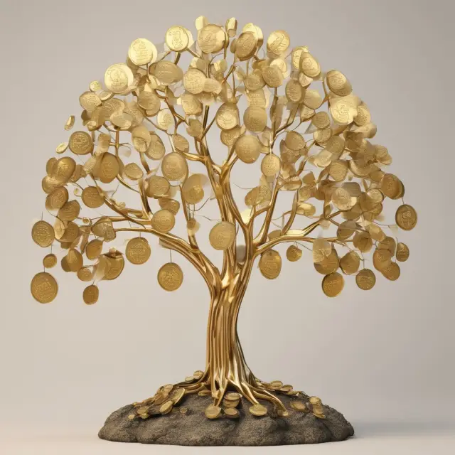 Golden leaves growing from a tree, each labeled with different capital gains tax rates, symbolizing varying holding periods and their impact on investment profits.