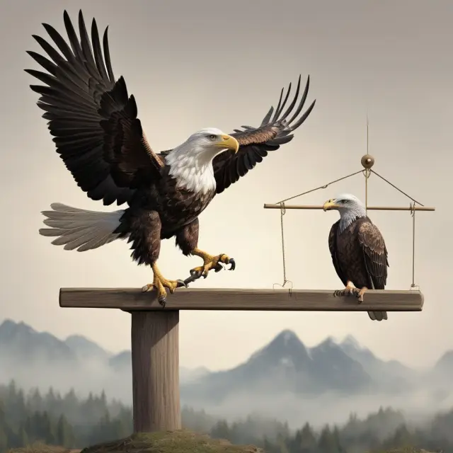A retail trader (bird) vs. an institutional investor (eagle) balancing on a seesaw of market sentiment