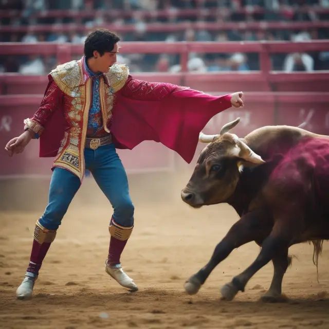 A bullfighter bravely confronting weak shorts in the midst of a volatile market, symbolizing the potential profit opportunities for contrarian investors against short sellers