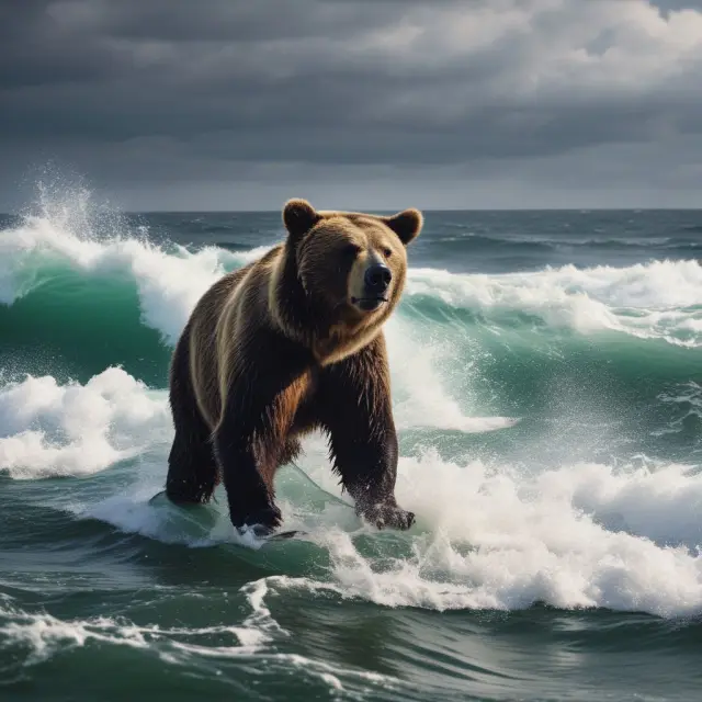 An institutional bear, symbolizing large investment firms or hedge funds, standing steadfast amidst a stormy sea of weak short sellers, representing retail traders