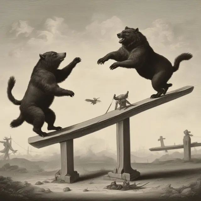 Bulls and bears clash on a wobbling seesaw representing short selling dynamics.