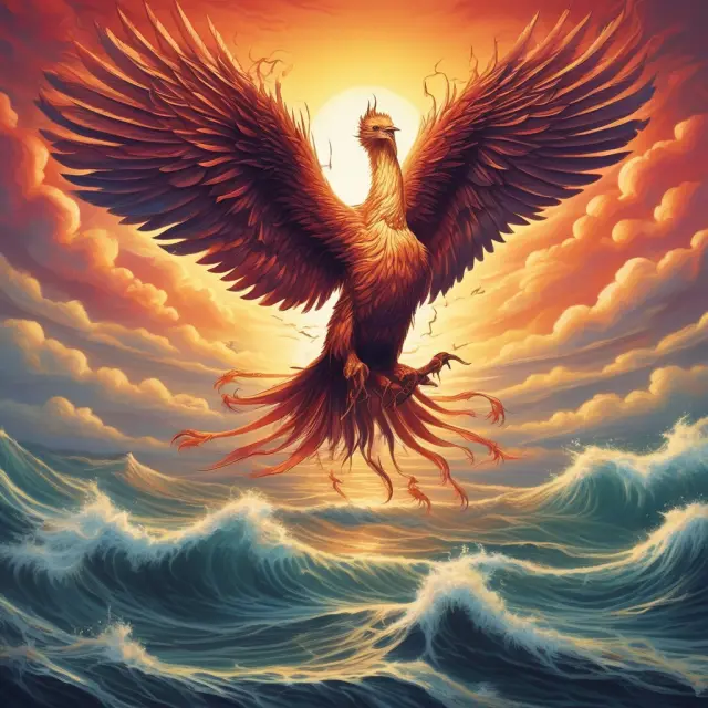 Phoenix emerging from a turbulent sea, representing the revitalization of underperforming investments