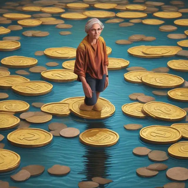 Image of golden coins representing historical wealth taxes in France, Norway, Spain, and Switzerland, with Senator Elizabeth Warren throwing a stone into the water, symbolizing proposed changes