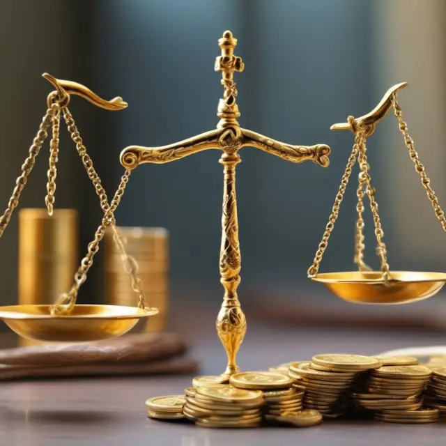 A golden scale balanced by a flowing river of wealth, symbolizing the equitable redistribution of resources through a wealth tax