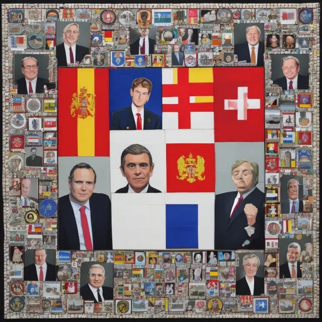 Four countries with wealth taxes showcased as mosaic pieces, gathered at a summit discussing their respective tax systems.