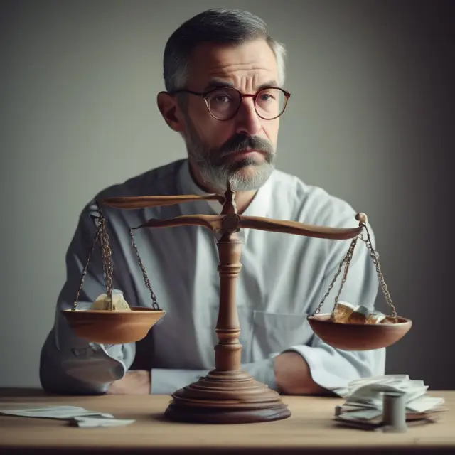 A taxpayer weighing the pros and cons of a wealth tax through a metaphorical scale with assets on one side and fairness versus economic consequences on the other