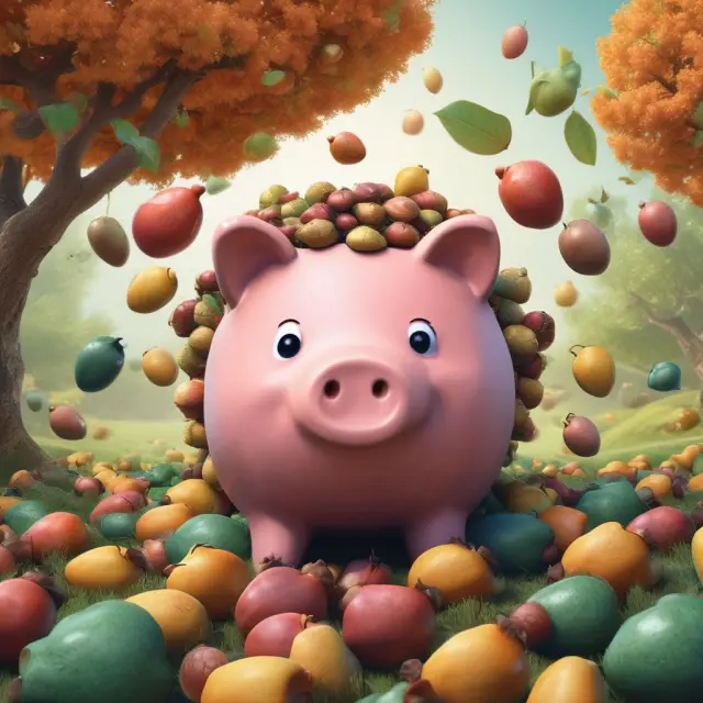 Image showing a piggy bank overflowing, transitioning into an orchard filled with various investment trees representing stocks, bonds, mutual funds, real estate, and retirement accounts