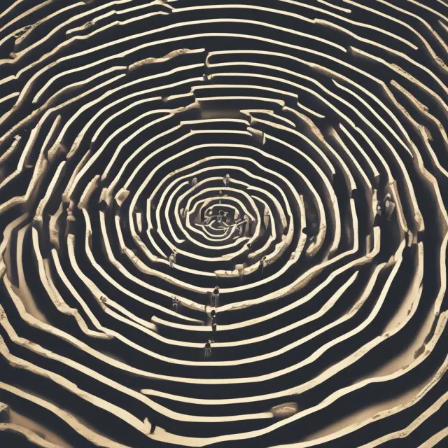 A wealthy individual at a crossroads in a maze of financial options, with an experienced advisor guiding them towards effective wealth management services.