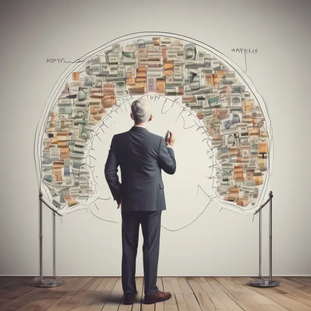 A wealthy individual contemplating a graph representing the complex connection between wealth, perception, and true happiness