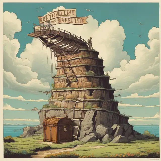 A ladder climbing the uneven Great Gatsby Curve to reach a treasure chest labeled 