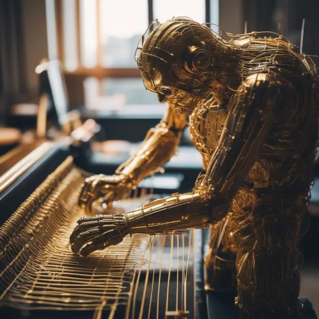 Robot hand creating sustainable wealth management solutions with gold threads