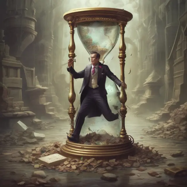 Wealthy individual wrestling with feelings of guilt as riches flow from an hourglass